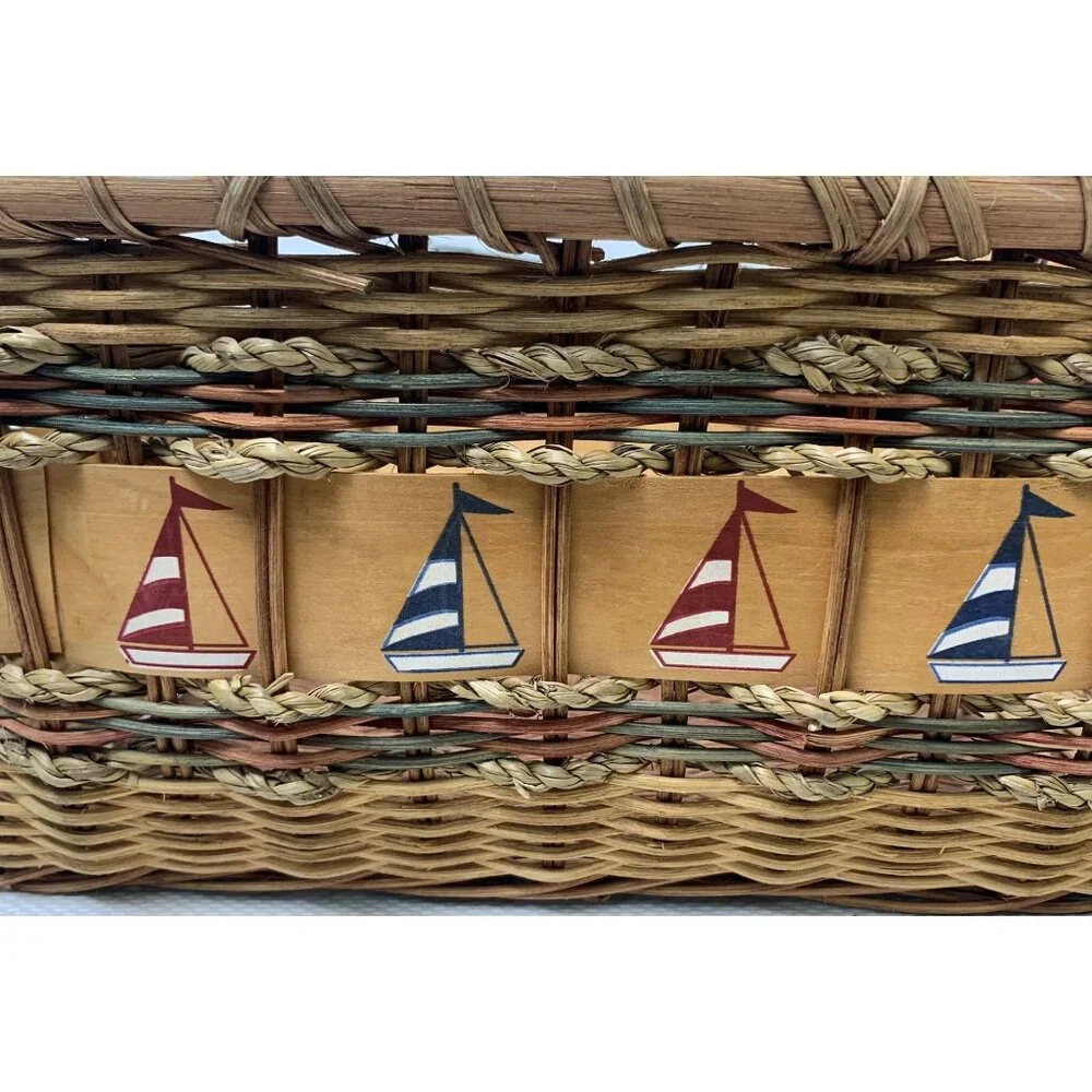 Vintage Nautical-Themed Woven Basket Wire Bail Handles Sailboat Design 10